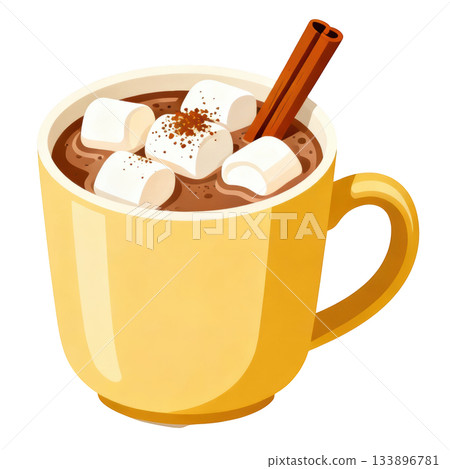Cozy yellow mug of hot chocolate with marshmallow and cinnamon stick. warm, sweet, comforting winter beverage 133896781