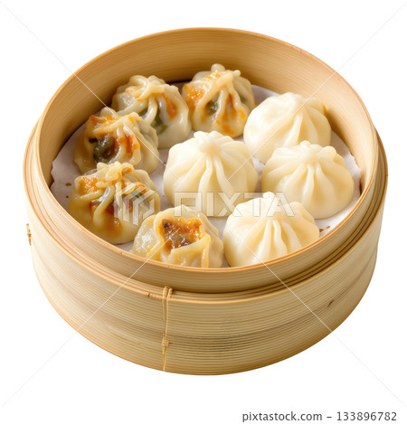 Appetizing Chinese dim sum with delicious dumpling and bun in traditional bamboo steamer. savory Asian food dish 133896782