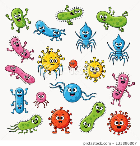 Cheerful cartoon illustrations of various microorganisms, including germs, bacteria, and viruses. Cheerful cartoon illustrations of various microorganisms, including germs, bacteria, and viruses. 133896807