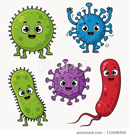 Cheerful cartoon illustrations of various microorganisms, including germs, bacteria, and viruses. Cheerful cartoon illustrations of various microorganisms, including germs, bacteria, and viruses. 133896809