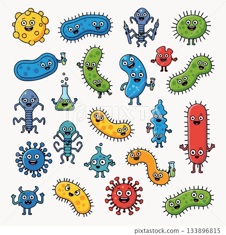 Cheerful cartoon illustrations of various microorganisms, including germs, bacteria, and viruses. 133896815