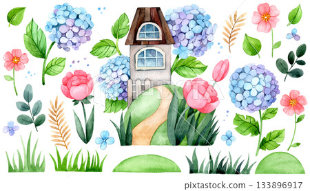 A set of watercolor illustrations with a cute house and flowers. A meadow with hydrangeas and roses. A set of watercolor illustrations with a cute house and flowers. A meadow with hydrangeas and roses. 133896917