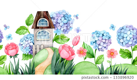 Seamless watercolor border. Illustration with a cute house and flowers. Meadow with hydrangeas and roses. Seamless watercolor border. Illustration with a cute house and flowers. Meadow with hydrangeas and roses. 133896920
