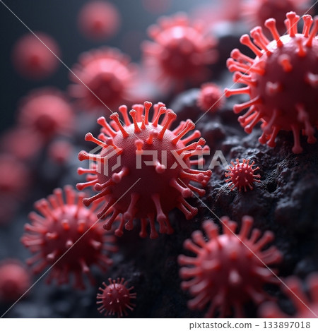 Vivid depiction of viral particles floating in dark space Generative AI 133897018