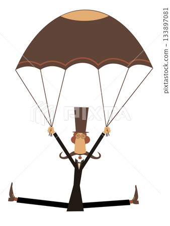 Funny skydiver man in the top hat. Skydiver man in the top hat derives enjoyment from jumping. Isolated on white background Funny skydiver man in the top hat. Skydiver man in the top hat derives enjoyment from jumping. Isolated on white background 133897081