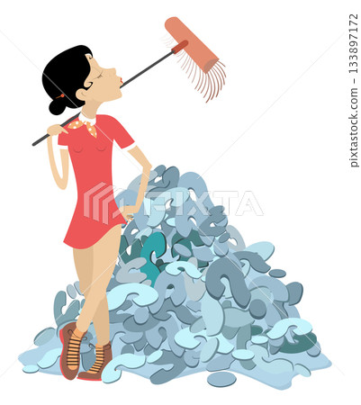No more questions. Concept illustration. Young woman with a broom near a pile of question signs No more questions. Concept illustration. Young woman with a broom near a pile of question signs 133897172
