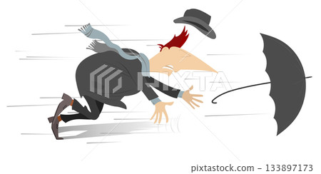 Man. Cold, windy and rainy day. Man loses an umbrella and a hat on the strong wind Man. Cold, windy and rainy day. Man loses an umbrella and a hat on the strong wind 133897173