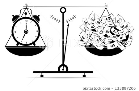 Scales. Time. Money. Business concept illustration. Scales, time is money. Scales with paper currency and clock. Flat illustration. Time is money. Business, success concept Scales. Time. Money. Business concept illustration. Scales, time is money. Scales with paper currency and clock. Flat illustration. Time is money. Business, success concept 133897206