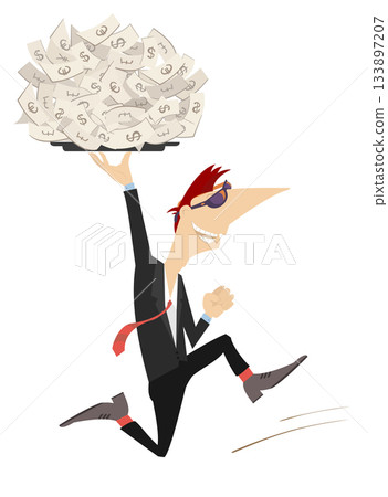 Success in business. Gambling. Lottery. Happy running man holding a tray full of money under his had 133897207