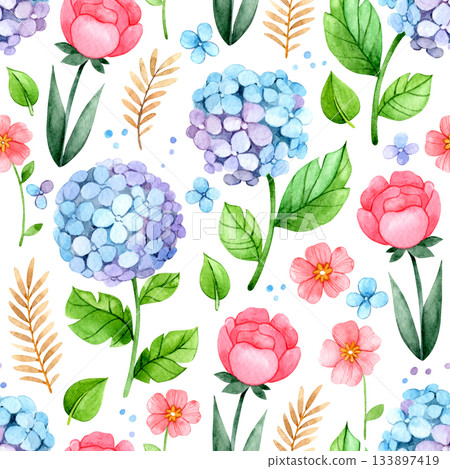 Seamless watercolor pattern. Illustration with blue hydrangeas and pink roses. 133897419