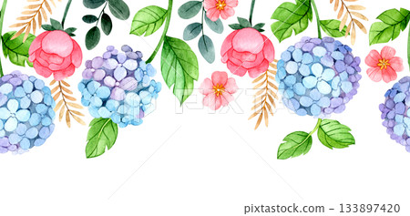 Seamless watercolor border. Illustration with blue hydrangeas and pink roses. 133897420