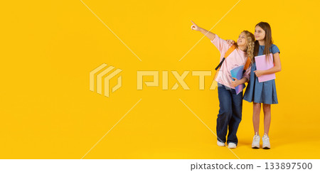 Two preteen girls holding notebooks and looking aside in bright studio background Two preteen girls holding notebooks and looking aside in bright studio background 133897500