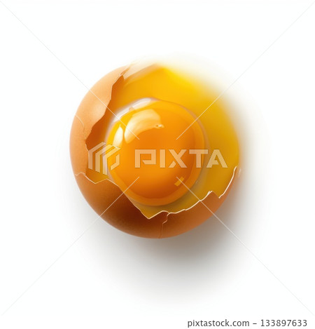 Freshly cracked egg shell revealing bright yellow yolk on a clean white background during food preparation 133897633