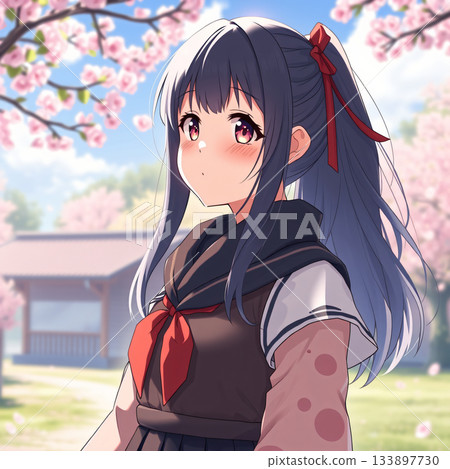High school girl standing under a cherry tree High school girl standing under a cherry tree 133897730