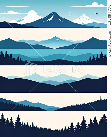 極簡主義現代風景藝術，藍色山脊線交錯重疊 133897776