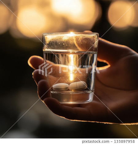 Holding a glass of water with pills at sunset, capturing a moment of reflection and care Holding a glass of water with pills at sunset, capturing a moment of reflection and care 133897958