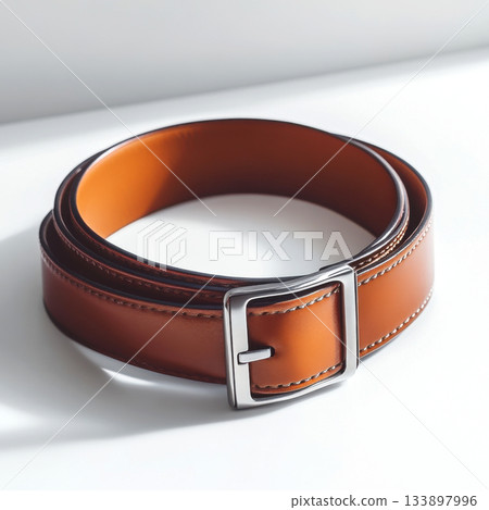Fashionable brown leather belt on a light surface showcasing its fine craftsmanship 133897996