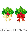 Christmas holly with green leaves and red berries. Gold and red bows. 133897997