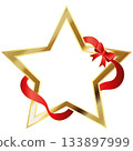 Golden festive star with a beautiful red ribbon and bow 133897999