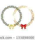 Round wreath frame of green leaves and red berries, golden wreath of leaves and berries 133898000