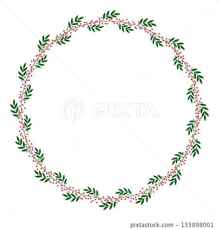 Round wreath frame of green leaves and red berries 133898001