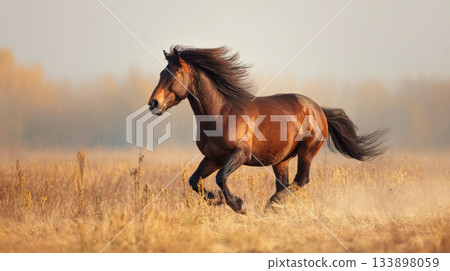 Powerful dark bay horse is mid-run in golden dusty autumn field. Ideal for themes of raw power, energy, speed, freedom, performance, athletic training, equestrian competition 133898059
