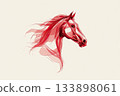 Red flowing horse head illustration created with elegant, semi-transparent lines and strokes, conveying movement, grace and ethereal beauty 133898061