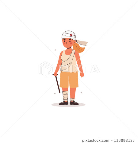 Injured girl with bandage wraps recovery standing with cane depicting accident aftermath and 133898153