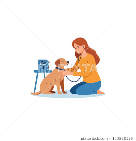 Caring compassionate vet checks friendly dog patient with stethoscope while reassuring animal on 133898156