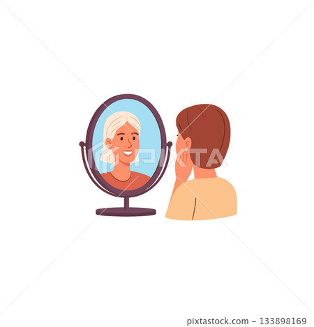 Woman gazing into oval mirror reflecting her image embodying self acceptance and optimistic self Woman gazing into oval mirror reflecting her image embodying self acceptance and optimistic self 133898169