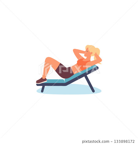Woman's focused fitness routine: Exercising on decline bench, demonstrating abdominal strength and 133898172