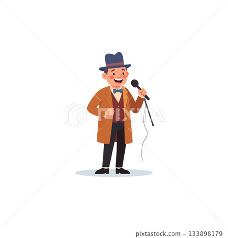 Enthusiastic showman delivering an electrifying performance with microphone wearing a snazzy hat 133898179