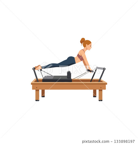 Active lifestyle illustration: woman engaging in pilates reformer exercise for strength training 133898197