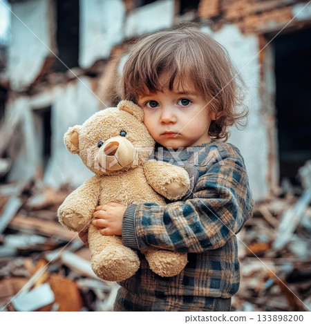 Young child holds teddy bear in front of collapsed building ruins in a desolate area affected by disaster 133898200