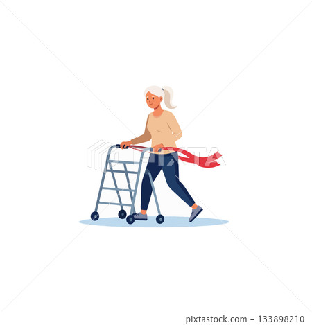 Elderly woman triumphantly crossing finish line with walker symbolizing resilience and overcoming Elderly woman triumphantly crossing finish line with walker symbolizing resilience and overcoming 133898210