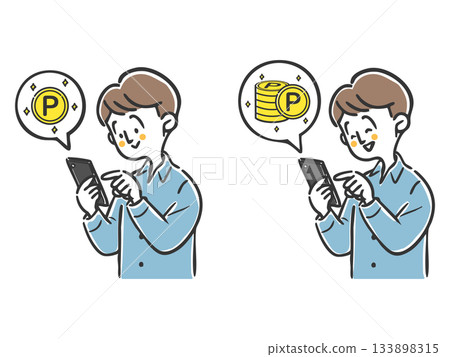 一名男子正在使用智慧型手機進行積分活動（向量） 133898315