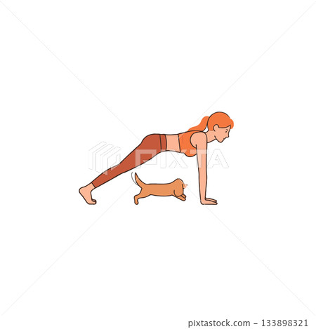 Woman practicing plank pose next to playful kitten indoor, fitness and companionship for a healthy Woman practicing plank pose next to playful kitten indoor, fitness and companionship for a healthy 133898321