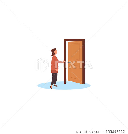 Illustrative depiction of woman preparing to open wooden door suggesting anticipation or new Illustrative depiction of woman preparing to open wooden door suggesting anticipation or new 133898322