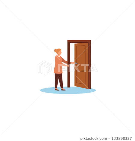 Woman reaches for the doorknob to open a closed door representing new beginnings and opportunities 133898327