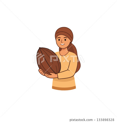 Woman holding cocoa bean showing quality for chocolate ingredients or organic skin products and Woman holding cocoa bean showing quality for chocolate ingredients or organic skin products and 133898328