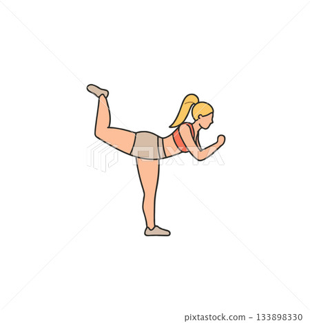Woman in dynamic balancing pose exhibiting core strength and physical well being as she embraces a 133898330