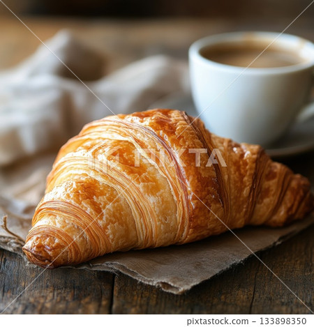 Freshly baked croissant and steaming coffee in a rustic cafe setting 133898350