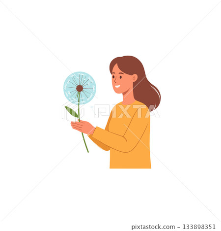 Smiling woman gently holding a delicate dandelion clock representing serenity and youthful 133898351