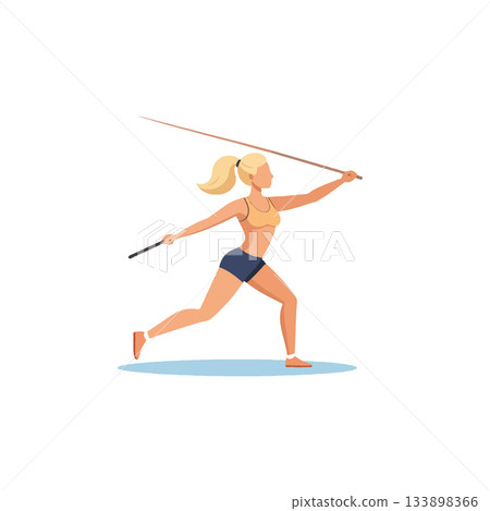Athletic blonde woman in mid throw stance demonstrating javelin expertise with strength and 133898366