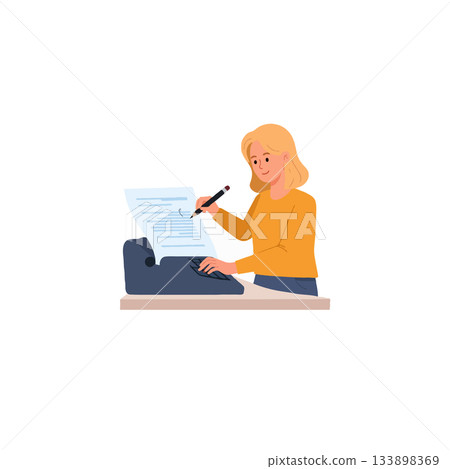Illustrative depiction of woman drafting legal document with old typewriter generating captivating 133898369