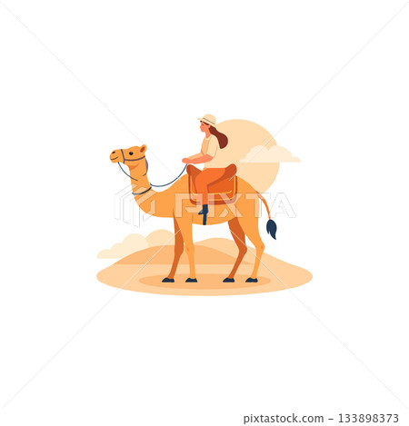 Woman riding a camel in desert landscape evokes a sense of adventure and travel with sun and clouds Woman riding a camel in desert landscape evokes a sense of adventure and travel with sun and clouds 133898373