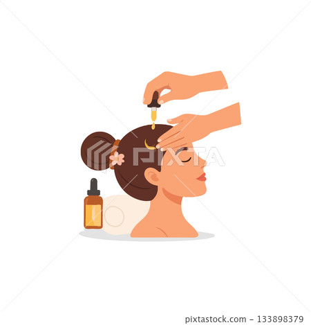 Woman receiving scalp treatment with essential oil for hair health and beauty routine with dropper Woman receiving scalp treatment with essential oil for hair health and beauty routine with dropper 133898379
