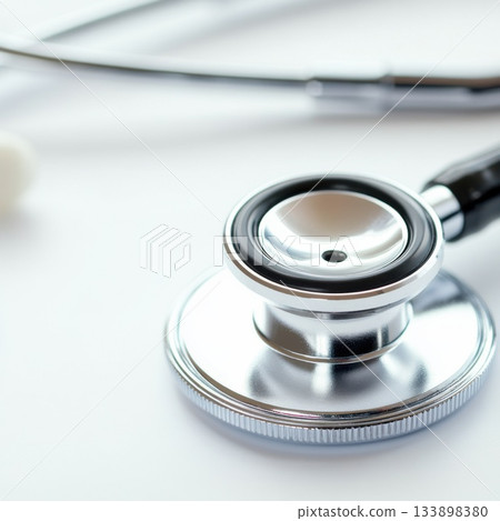 Close up of a silver stethoscope on a white surface for healthcare or medical theme Close up of a silver stethoscope on a white surface for healthcare or medical theme 133898380