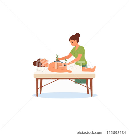 Holistic wellness treatment depicts spa therapy with warm stones that promotes relaxation and Holistic wellness treatment depicts spa therapy with warm stones that promotes relaxation and 133898384