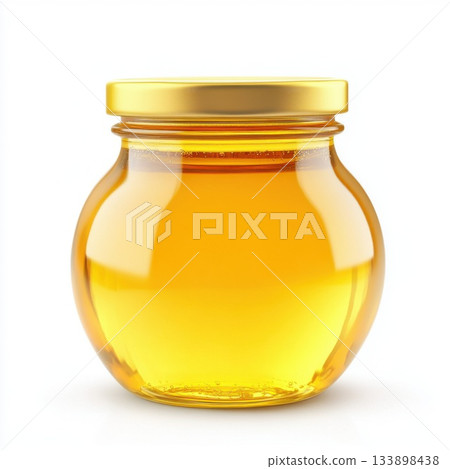 Honey jar filled with golden liquid on a clean background showcasing its natural sweetness and rich color 133898438